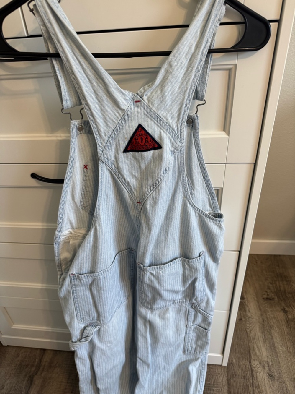Vintage squeeze  denim Light Blue Pinstripe Denim Overalls with Red Patch